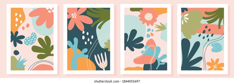 Set of four abstract backgrounds. Bundle of modern vector collages with hand drawn nature shapes, floral textures, graphic elements and doodle objects. Contemporary modern, trendy vector illustrations