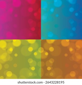 A set of four abstract backgrounds with colorful, blurred circular bokeh lights in different color schemes.