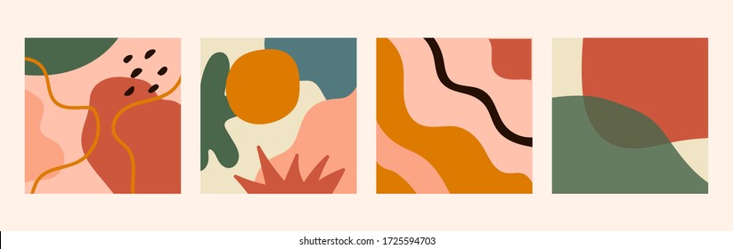 Set of four abstract backgrounds. Different abstract shapes. Isolated abstract illustrations. Hand drawn doodle objects and shapes. Vector illustration in pastel colors