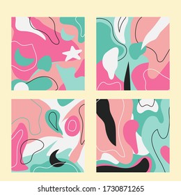 Set of four abstract backgrounds. Hand drawn various shapes and bright colors. Modern patchwork illustration in vector. can make background and invitation