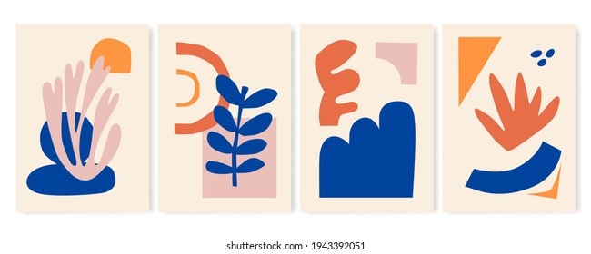 Set of four abstract backgrounds, patterns. Boho posters. Hand drawn various shapes and doodle objects. Contemporary modern trendy Vector illustrations. Every background is isolated