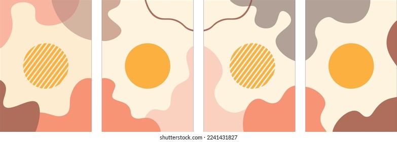 Set of four abstract backgrounds, various shapes and objects. Contemporary modern trendy vector illustration with pastel color
