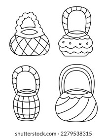 Set of four abstract basket. Doodle vector black and white illustration.
