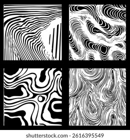Set of four abstract black and white vector patterns with swirling, wavy, and organic lines. Each square features a unique, dynamic design perfect for modern backgrounds or art projects.