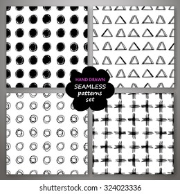 Set of four Abstract black and white seamless hand drawn texture, vector illustration.