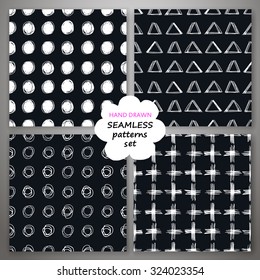 Set of four Abstract black and white seamless hand drawn texture, vector illustration.