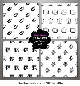 Set of four Abstract black and white seamless hand drawn texture, vector illustration.