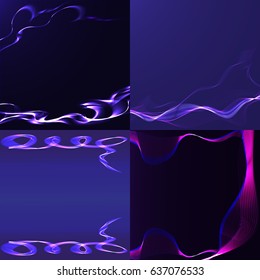 Set of four abstract blue backgrounds. Blue shiny wavy ribbon on a dark background. Vector illustration. EPS10