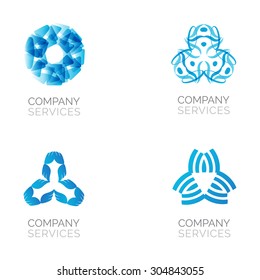 Conjunto de cuatro logotipos abstractos azules. Lotipos vectoriales con espiral, rhombus, elementos cruzados y de círculo.