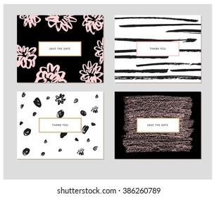  Set of  four abstract cards brush stroke designs in black, pink and white texture. Invitation, greeting card, poster design templates. Brush strokes, texture of chalk, ink drawn elements.