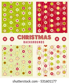 Set of four abstract Christmas backgrounds in different colors with circles and dots, collection of four retro colors. Vector illustration. Red, green, yellow, golden colors.
