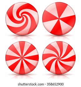 A set of four abstract circles with a red and white pattern