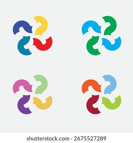 Un conjunto de cuatro iconos circulares abstractos con segmentos curvos entrelazados dispuestos en un patrón de estilo de molinete.