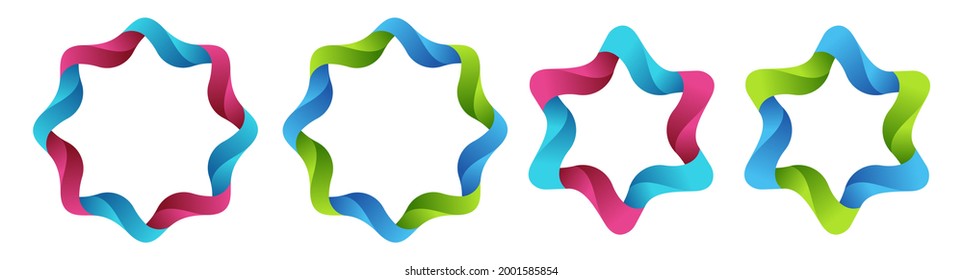 Set of four abstract circular logo elements isolated on white background. 3D abstract wavy star figures. Design elements. Color gradient icons. Vector color illustrations.