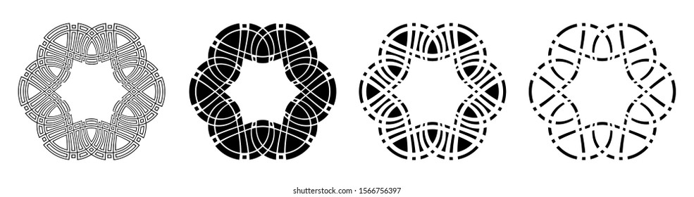Set of four abstract circular ornaments with ornate borders. Decorative patterns isolated on white background. Stylized flowers. Stencil tattoo and prints. Vector monochrome illustration.