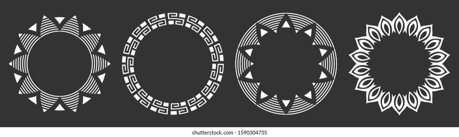 Set of four abstract circular ornaments, floral ornament patterns, striped frames. Decorative patterns isolated on black background. Design elements. Vector monochrome illustration.