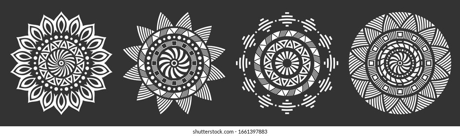 Set Of Four Abstract Circular Ornaments, Floral Ornament Patterns, Striped Frames. Decorative Patterns Isolated On Black Background. Design Elements. Vector Monochrome Illustration.