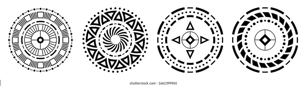 Set of four abstract circular ornaments. Decorative patterns isolated on white background. Tribal ethnic motifs. Stylized flowers. Stencil tattoo and prints. Vector monochrome illustration.