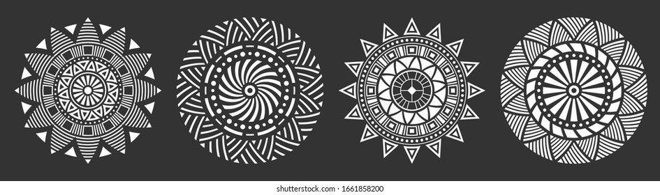 Set of four abstract circular ornaments, floral ornament patterns, striped frames. Decorative patterns isolated on black background. Design elements. Vector monochrome illustration.