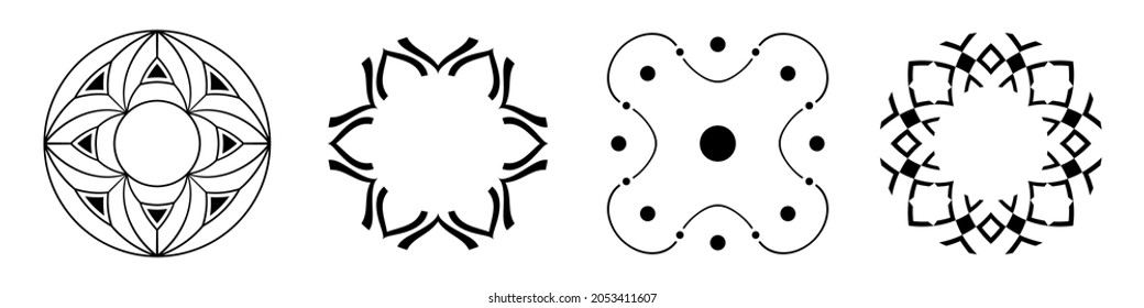 Set of four abstract circular ornaments with ornate borders. Decorative patterns isolated on white background. Stylized flowers, signs. Stencil tattoo and prints. Vector monochrome illustration.