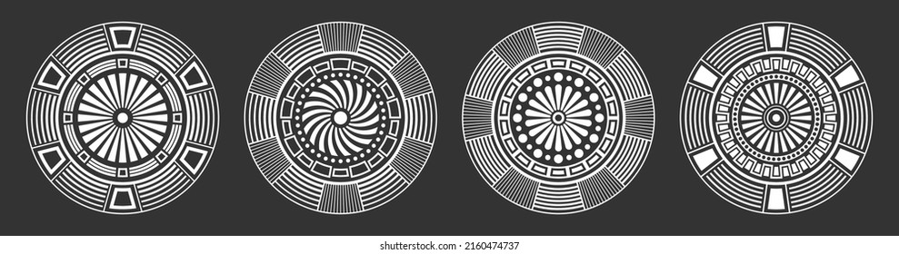Set of four abstract circular ornaments. Decorative patterns isolated on black background. Tribal ethnic motifs. Stylized sun symbols. Stencil tattoo and prints Vector monochrome illustration.