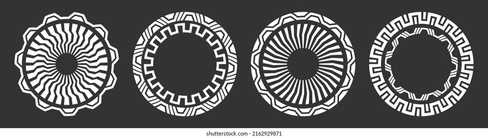 Set of four abstract circular ornaments. Decorative patterns isolated on black background. Tribal ethnic motifs. Mechanical elements, details. Stencil tattoo and prints. Vector monochrome illustration