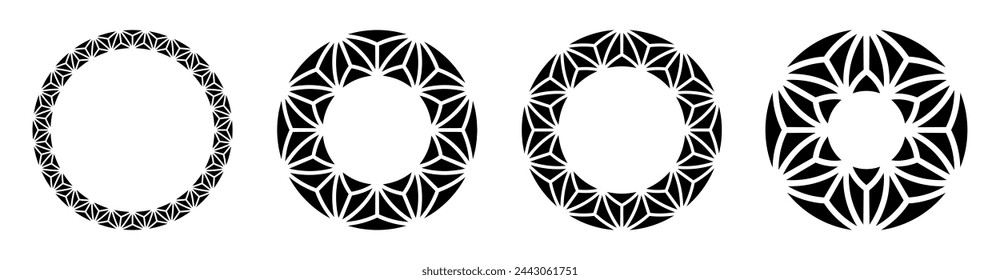 Set of four abstract circular ornaments. Diamond vector icons. Decorative round patterns isolated on white background. Stencil tattoo and prints. Vector monochrome illustration.