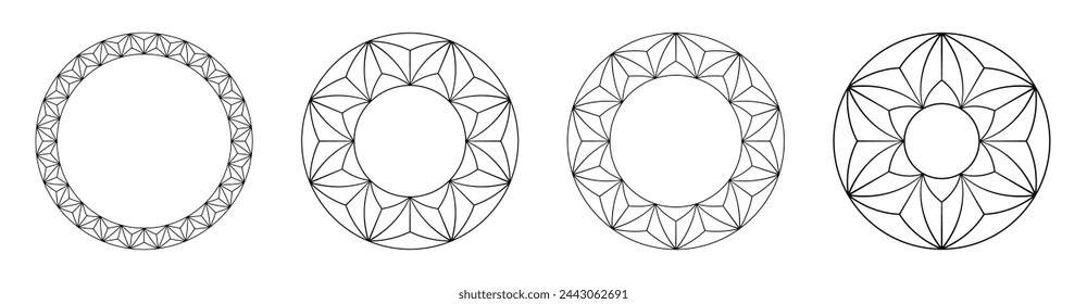Set of four abstract circular ornaments. Diamond vector icons. Decorative round patterns isolated on white background. Stencil tattoo and prints. Vector monochrome illustration.