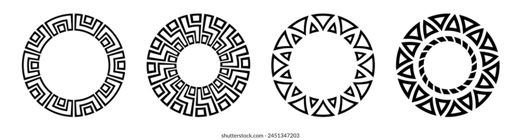 Set of four abstract circular ornaments. Round meanders set. Decorative round patterns isolated on white background. Stencil tattoo and prints. Ethnic motives. Vector monochrome illustration.