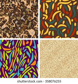 A set of four abstract color seamless patterns from random curves shapes