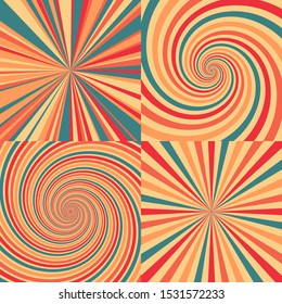 Set of Four Abstract Colorful Backgrounds with Radial Stripes or Spirals. Retro Backdrops. Vector Illustration