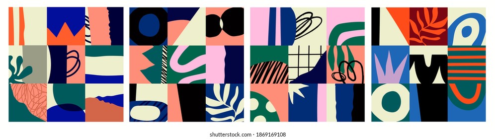 Set of four Abstract colorful Backgrounds, Patterns. Hand drawn doodle shapes, spots, drops, curves, lines. Contemporary modern trendy Vector illustration. Patchwork concept. Poster, print template
