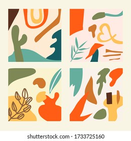 Set of four abstract contemporary object modern trendy vector patterns. Perfect for textile prints and background. Every pattern is isolated with pastel colors
