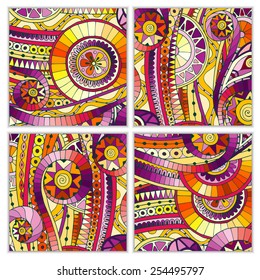 Set of four abstract doodle ethnic tribal hand drawn vector cards on wood background. Paisley batik background. Series of template frame design for card. Pattern with geometric mosaic elements.