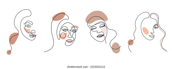 Set of four abstract face one line drawing. Portrait minimalistic style. Fine one line drawing abstract face. One line drawing abstract faces. Modern continuous line art