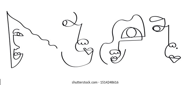 Set of four abstract face one line drawing. Portrait minimalistic style. Fine one line drawing abstract face. One line drawing abstract faces. Modern continuous line art
