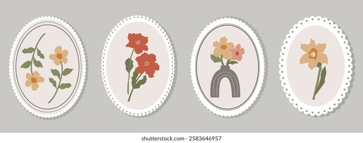 Set of four abstract floral illustrations featuring various flowers with stems and leaves, framed within oval lace borders on a neutral textured background in vintage style.