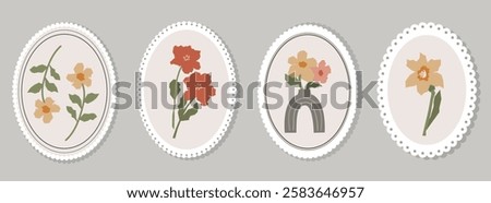 Set of four abstract floral illustrations featuring various flowers with stems and leaves, framed within oval lace borders on a neutral textured background in vintage style.