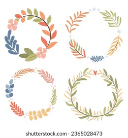 Set of four abstract foliage wreaths. Vector illustration.