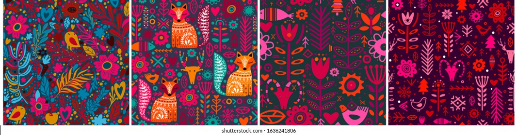 Set of four Abstract Folk plants, fox, deer, flowers and fish in nordic style seamless pattern. Pink, red colors.Textile, wallpaper, wrapping paper design idea