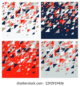 Set of four abstract geometric background - multicolor triangles pattern. Vector illustration. Red, white, grey, navy blue colors. Bold vivid colored triangles mosaic tessellation.