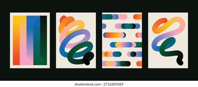 Conjunto de cuatro carteles de fondo geométrico abstracto con Formas de gradiente de colores. Modernas Formas de fluidos 3D minimalistas. Póster colección en estilo Vector plano. Concepto de Diseño gráfico contemporáneo