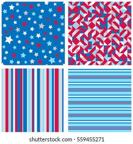 Set of four abstract geometric backgrounds in red, blue, white colors. Vector seamless patterns.