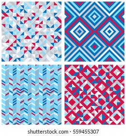 Set of four abstract geometric backgrounds in red, blue, white colors. Vector seamless patterns.