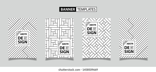 Set of four abstract geometric banner with lines. Seamless vector background. Graphic modern pattern with White and black texture. Suitable For Wallpaper, Banner, Poster,Background, Card, Book Cover, 