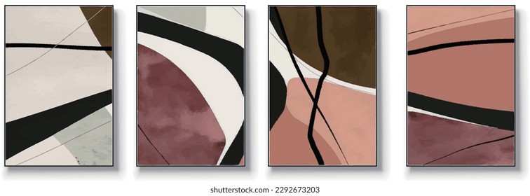 Set of four abstract geometric, creative minimalist hand drawn illustrations, abstract wall art. Digital interior art. Abstract texture, modern art geometry.