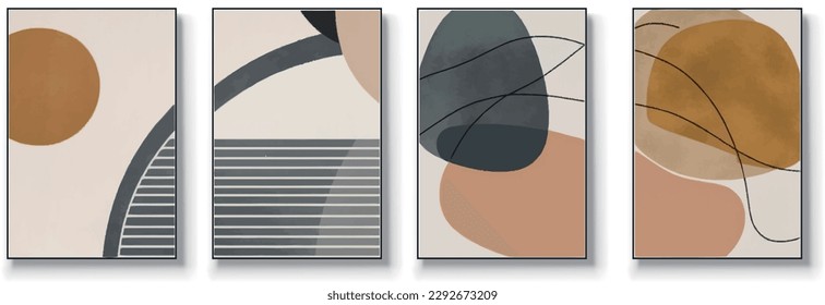 Set of four abstract geometric, creative minimalist hand drawn illustrations, abstract wall art. Digital interior art. Abstract texture, modern art geometry.