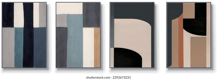 Set of four abstract geometric, creative minimalist hand drawn illustrations, abstract wall art. Digital interior art. Abstract texture, modern art geometry.