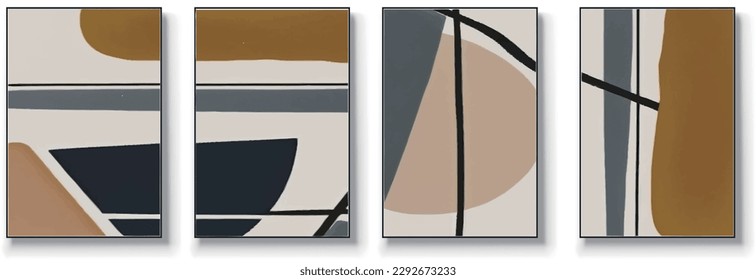 Conjunto de cuatro ilustraciones abstractas geométricas, creativas y minimalistas dibujadas a mano, arte de pared abstracto. Arte interior digital. Textura abstracta, geometría de arte moderno.
