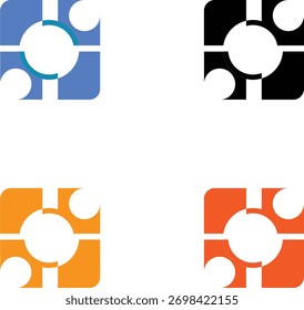 Un conjunto de cuatro diseños geométricos abstractos dispuestos en una cuadrícula de 2x2. Cada símbolo presenta un círculo blanco central rodeado por cuatro cuadrantes de colores,